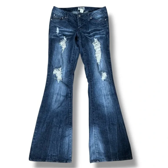 Mudd Dark Blue Distressed Flare Jeans - Picture 7 of 8